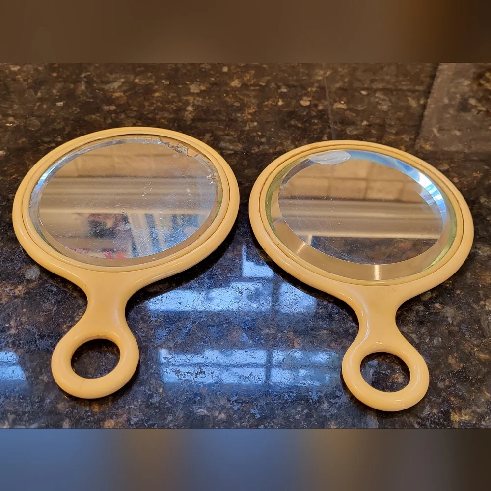 Pair of Antique Round Handled Cream Celluloid Vanity Hand Mirrors